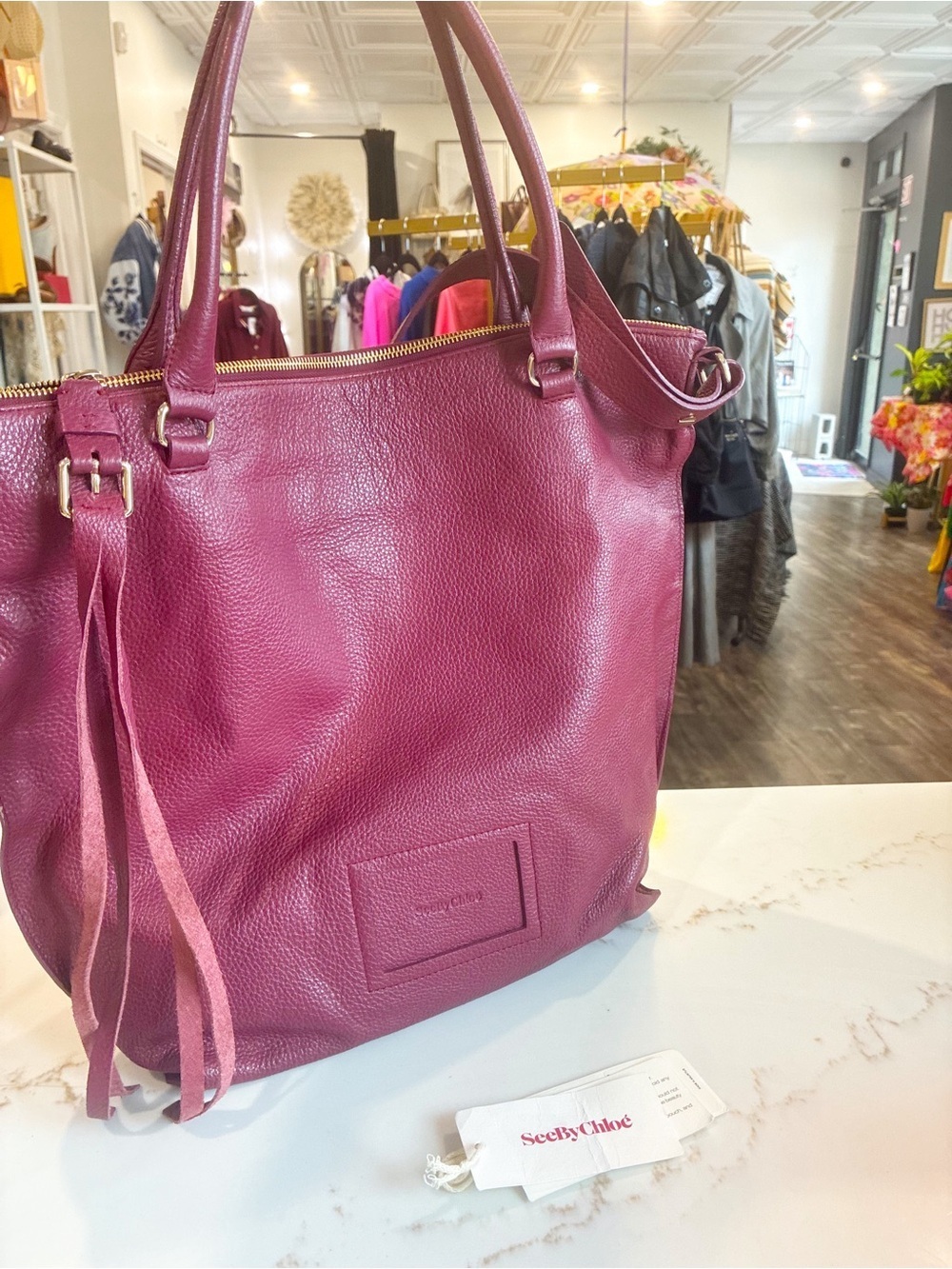 See by Chloe Leather Tote Bag in Deep Berry - Women's Shoulder Bag